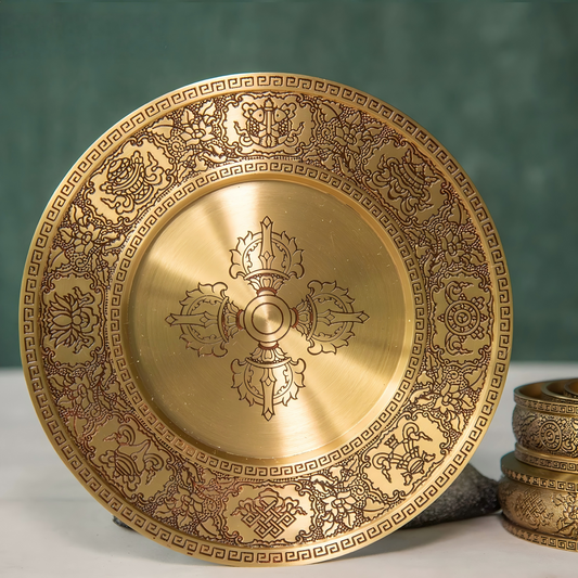 Handcrafted brass Mandala Plate, 23.8cm height, 9.8cm inner plate, Tibetan Buddhist sacrificial implements culture, used for altar offerings, representing Buddhist sacrificial items art