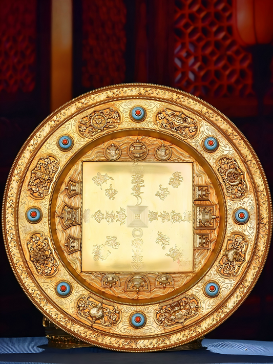 Handcrafted brass Eight Auspicious Mandala Plate, Tibetan Buddhist sacrificial implements culture, used for altar offerings, representing Buddhist sacrificial items art