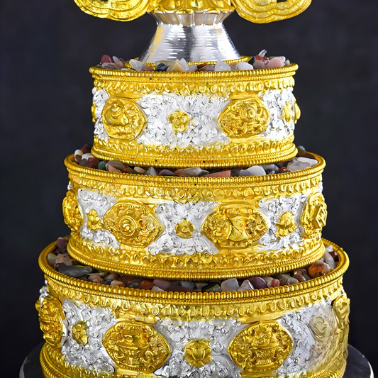 Handcrafted Nepal Mandala Plate, 47cm height, 15cm dish, 23cm base, copper with gilded gold and silver, Tibetan Buddhist sacrificial implements culture, for altar offerings, representing Buddhist sacrificial items art