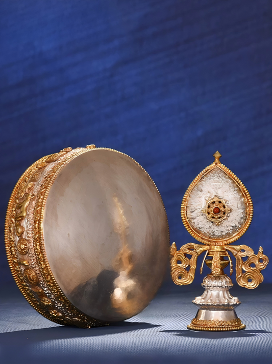 Handcrafted Nepal pure silver and brass Mandala Plate, 36.5cm height, 16.5cm inner plate, Tibetan Buddhist sacrificial implements culture, used for altar offerings, representing Buddhist sacrificial items art