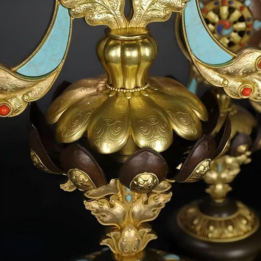 Vajrayana blue Eight Treasures brass offering set, 16cm handcrafted Tibetan Buddhist sacrificial implements art