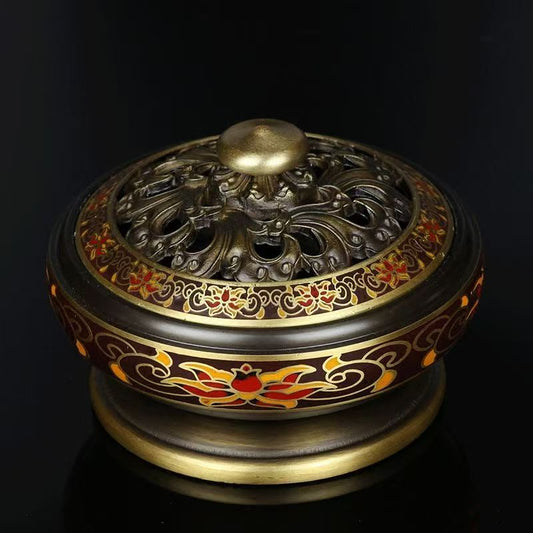 Handcrafted brass enamel incense burner, perfect for Tibetan Buddhist altar and home use, reflecting Tibetan Buddhist sacrificial implements culture and sacrificial items art.