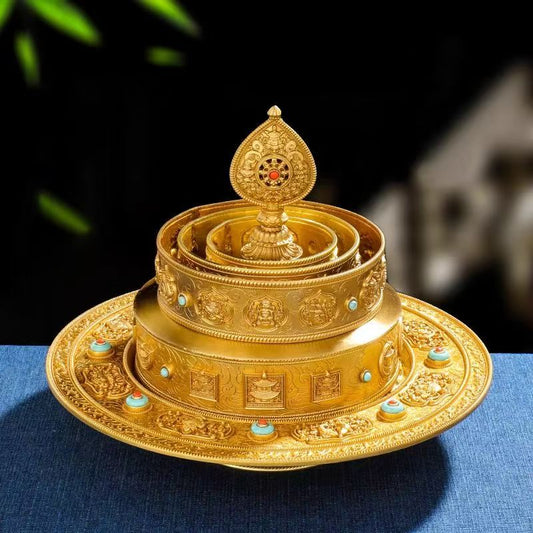 Handcrafted 10cm brass Mandala offering tray for Buddhist altar use, showcasing Tibetan Buddhist sacrificial implements culture and Buddhist sacrificial items art.