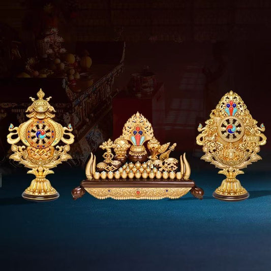 Handcrafted 25cm Buddhist altar set featuring Eight Auspicious Treasures, reflecting Tibetan Buddhist sacrificial implements culture and exquisite sacrificial items art.