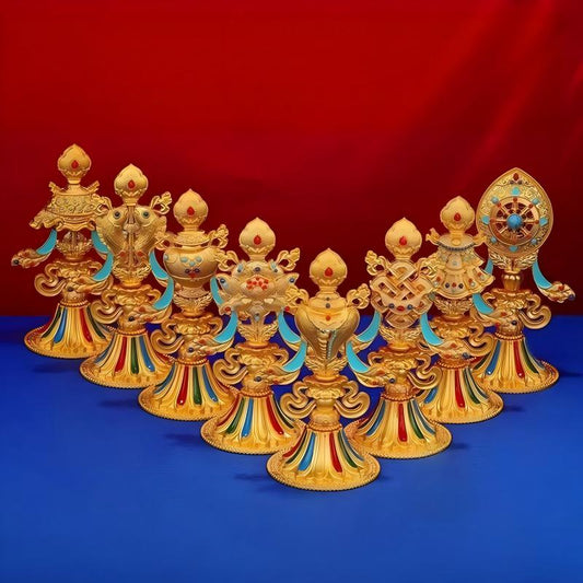 Handcrafted small 9cm alloy Eight Auspicious Treasures figurine, showcasing Tibetan Buddhist sacrificial implements culture and exquisite Buddhist sacrificial items art.