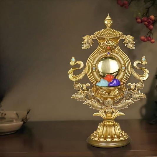 Handcrafted brass collection of auspicious symbols for Tibetan Buddhist offerings, perfect for sacred rituals and decorative sacrificial items art.