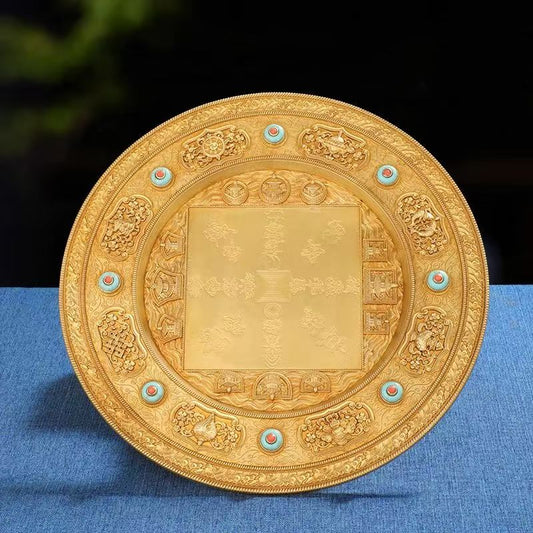 10cm Hui Bao brass Mandala plate for altar use, handcrafted to reflect Tibetan Buddhist sacrificial implements culture and intricate Buddhist sacrificial items art.