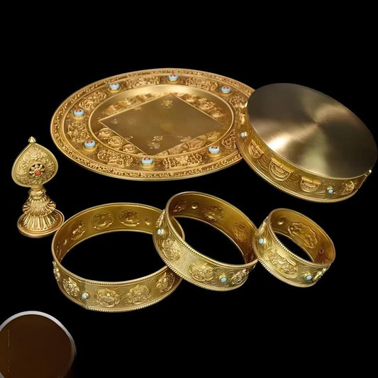 Handcrafted bronze B-type Mandala plate with tray, Tibetan Buddhist altar offering tray for rituals and home use