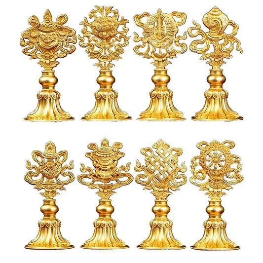 Handcrafted gilded copper Ashtamangala Eight Auspicious Symbols offering, Tibetan Buddhist altar decor for spiritual practice, 19.5cm