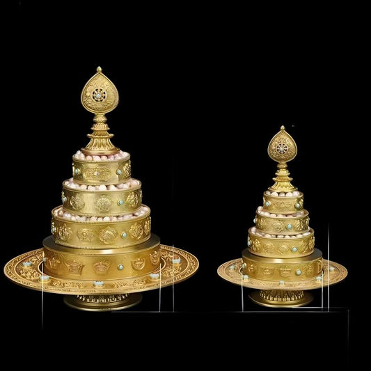 Handmade bronze B-type Mandala plate with tray, Tibetan Buddhist sacrificial item for meditation and offerings