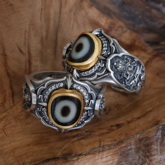 Tibetan Buddhist Jewelry Culture silver ring featuring Morichiten and Yellow Jambhala handcrafted and hand-painted showcasing intricate Tibetan Jewelry art and traditional Buddhist symbolism