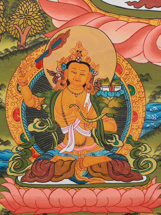 Tibetan Buddhist Yellow Jambhala Thangka Painting with Mineral Pigments on Canvas