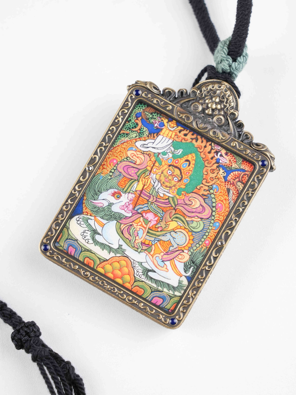 Mini Tibetan thangka pendant of the Wealth King Dzambhala, zodiac guardian artwork offering blessings of fortune, power, and spiritual stability.