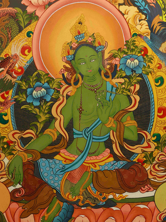 Hand-painted Tibetan Thangka of Green Tara Goddess – Symbol of Compassion and Protection