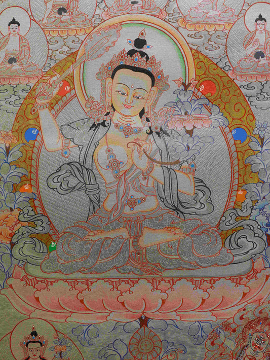 Tibetan Thangka painting of Silver Foil Manjushri, handmade on canvas.