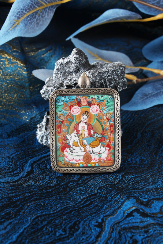 A 4x5cm hand-painted Samantabhadra (Puxian) Thangka in Menri style, showing the Bodhisattva of Great Practice in a silver Nine-Colored Deer frame.