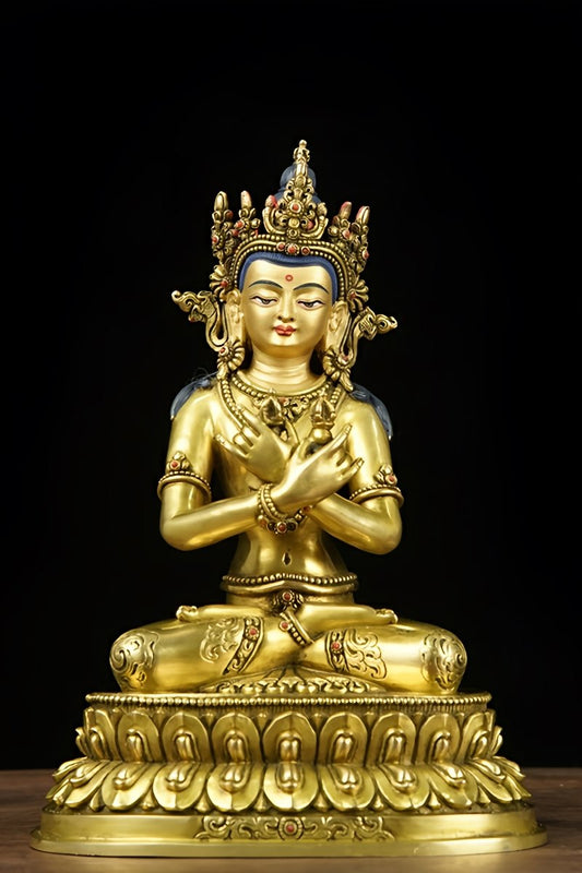 A handmade gilded brass statue of Vajradhara, the Primordial Buddha, representing the pinnacle of Tibetan Buddhist statues and Buddhist art.