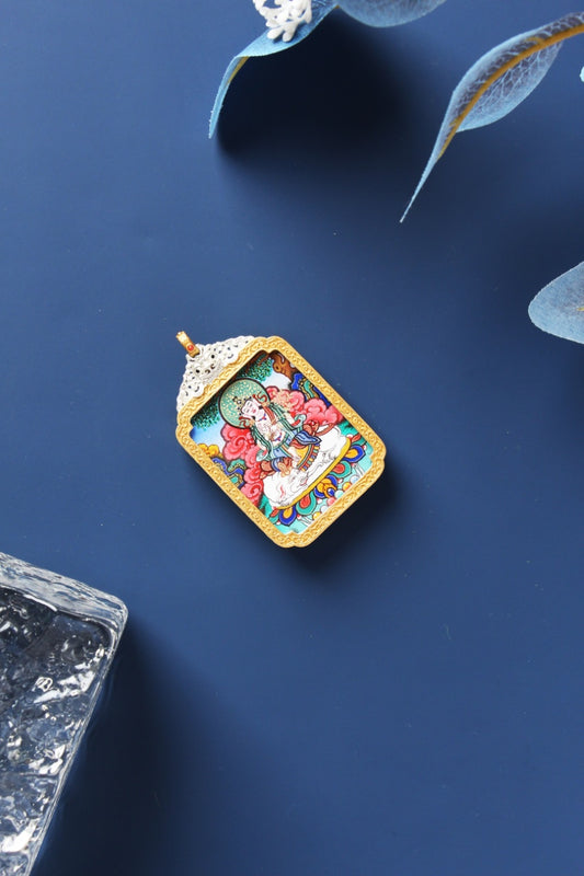 Detailed close-up of the Samantabhadra Thangka core, highlighting the six-tusked white elephant and the master Lama artist's fine gold-line work.