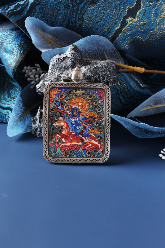 Hand-painted Tibetan Thangka pendants paired with traditional bead necklaces for spiritual protection and wealth.
