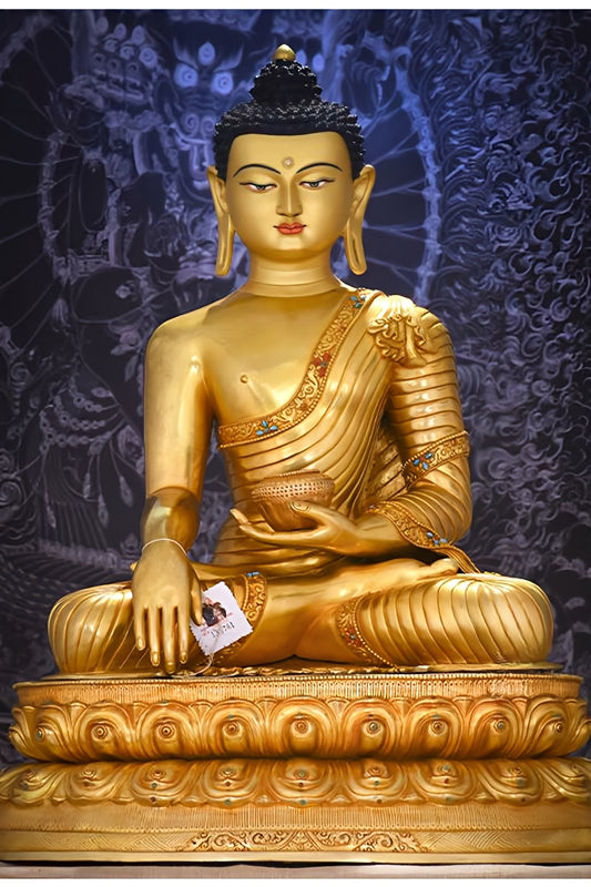 Alt Text: Handcrafted Tibetan Buddha statue of Shakyamuni, made of copper and detailed with mineral paints, reflecting authentic Buddhist craftsmanship.