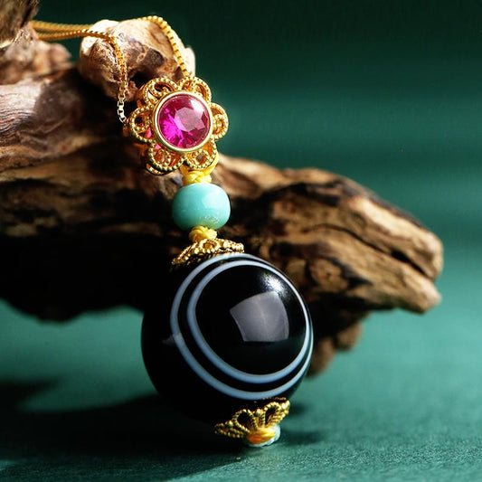 Handcrafted Tibetan Buddhist 18K gold filigree agate Dzi pendant symbolizing wisdom and prosperity.