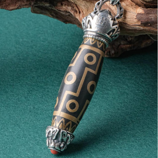 Handcrafted Tibetan Buddhist incense ash twelve-eyed Dzi bead pendant with silver chain.