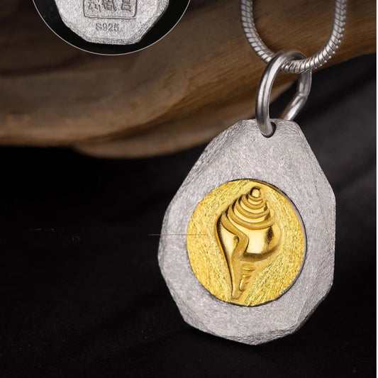 Tibetan Buddhist Golden Conch 925 Silver Pendant with Leather Cord – Symbol of Spiritual Peace and Good Fortune