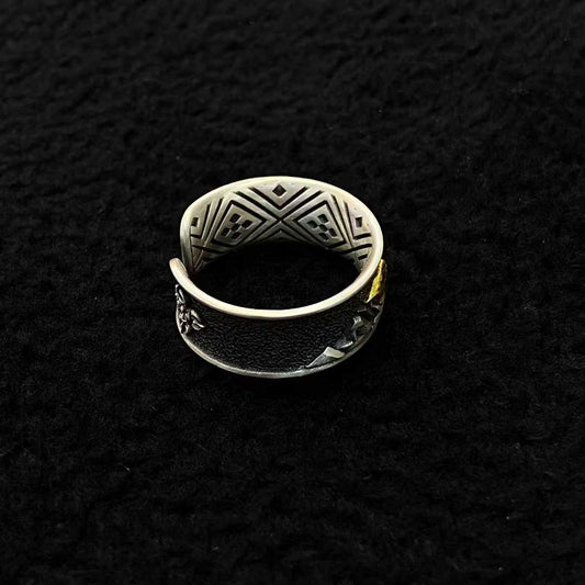Tibetan Buddhist Kailash ring, handcrafted with gold and silver inlay, sacred jewelry.