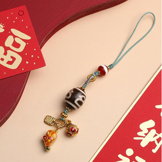 Handmade Tibetan Buddhist Caicai Tianzu pendant with agate beads and copper components.