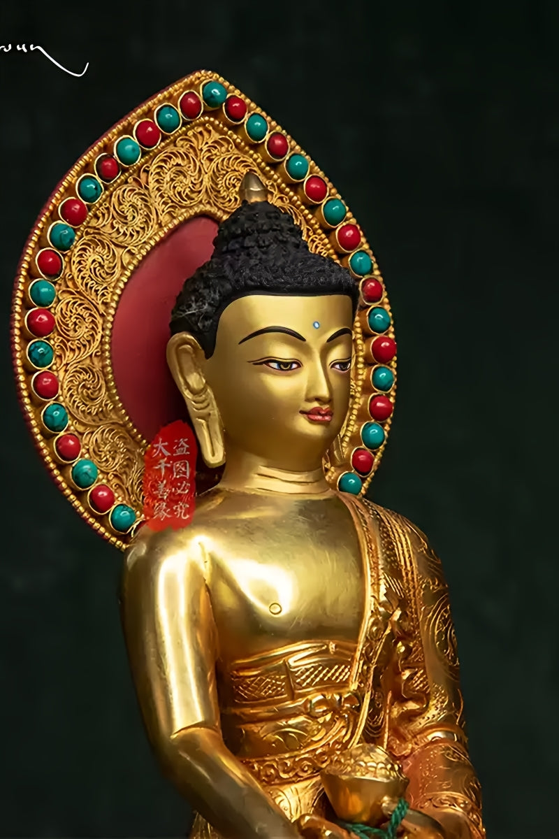 Exquisite Tibetan-buddhist Shakyamuni Buddha statue, copper hand-carved and hand-painted, Tibetan Buddha art representing spiritual awakening.