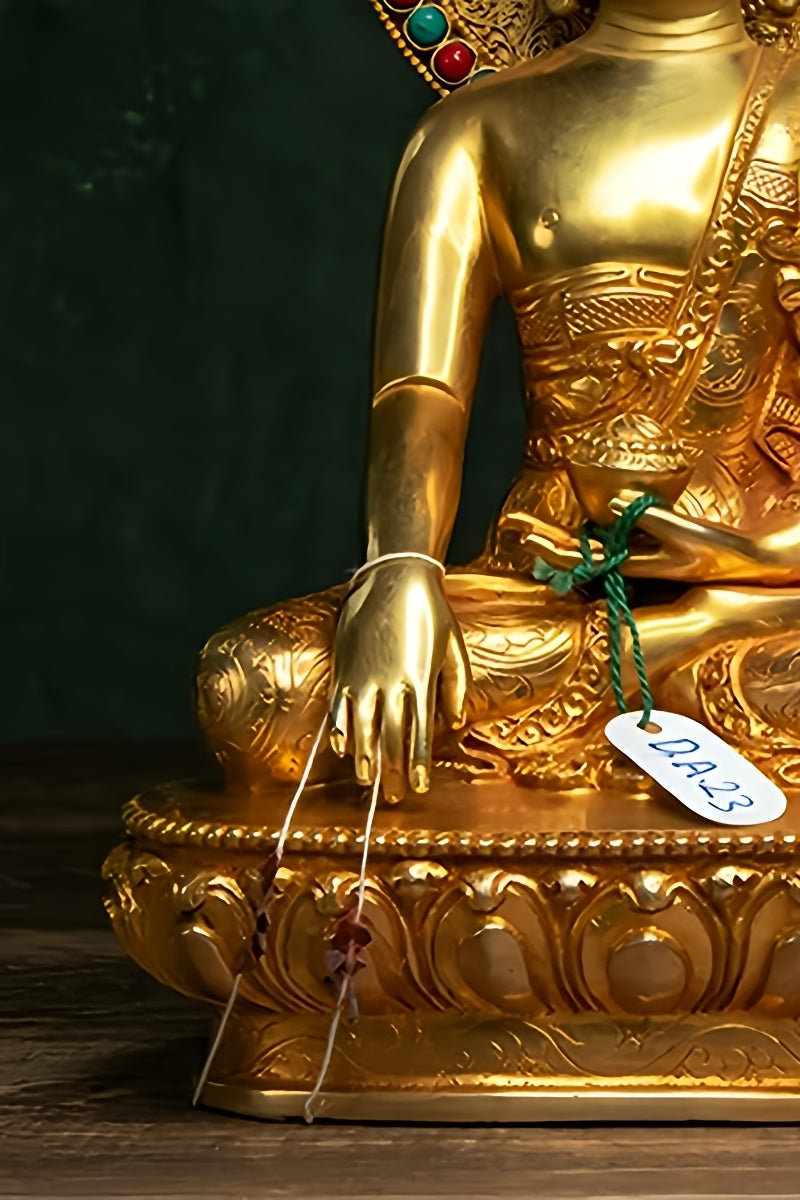 Handcrafted Shakyamuni Buddha statue, pure copper with mineral pigments, Tibetan Buddha art for mindfulness, wisdom, and spiritual devotion.