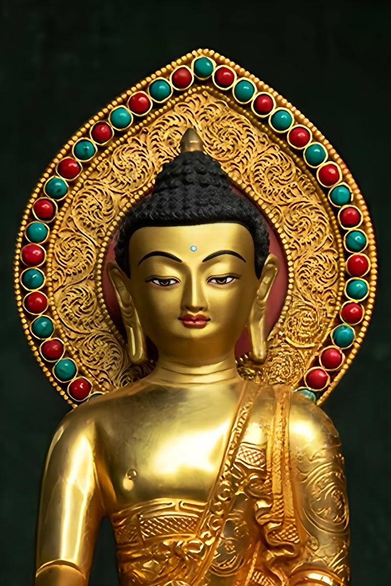Tibetan-buddhist Shakyamuni seated Buddha statue, handmade copper and mineral pigment painting, symbolizing compassion and enlightenment.