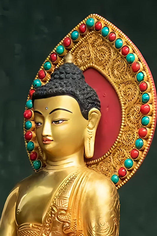 Tibetan-buddhist Shakyamuni Buddha sculpture, handcrafted copper and hand-painted with mineral pigments, symbolizing wisdom and enlightenment.