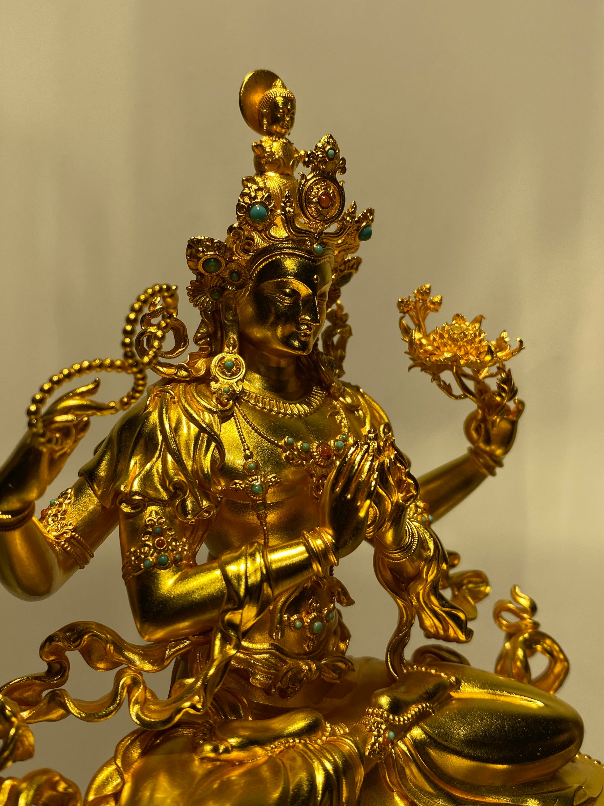 Sacred Tibetan-buddhist Vajrapani Bodhisattva statue, pure silver gilding with detailed hand-painted Buddha art.
