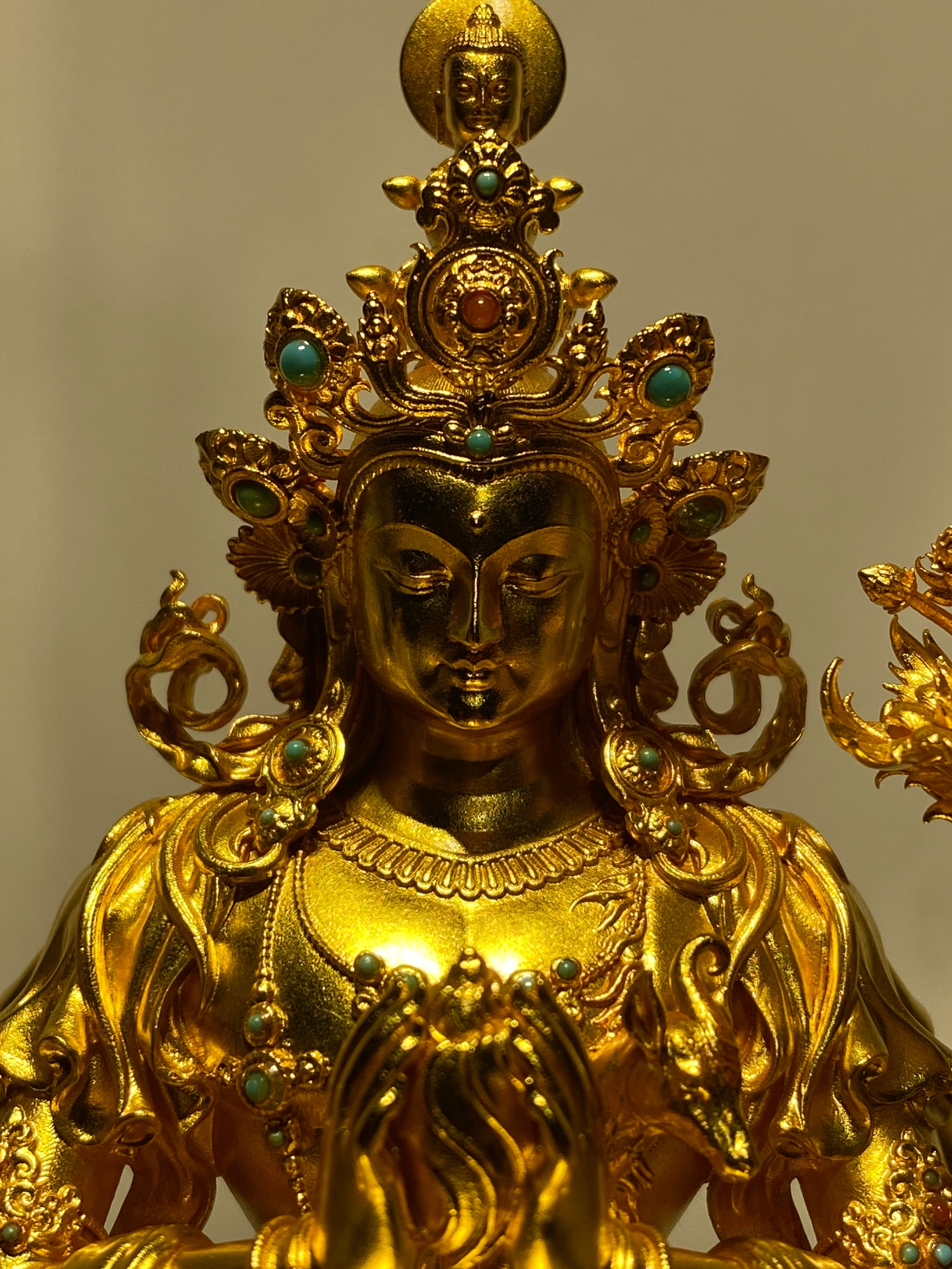 Tibetan-buddhist Vajrapani Bodhisattva statue, silver and gold gilded handmade statue, traditional Tibetan Buddha art.
