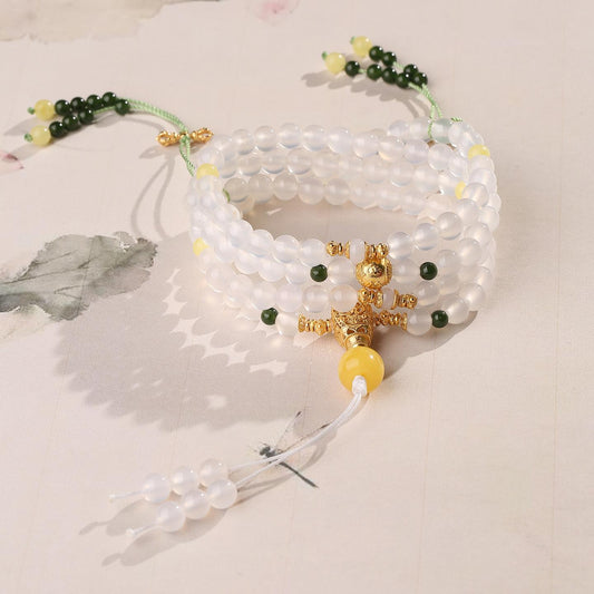 Handcrafted Tibetan-Buddhist agate and amber mala with Hetian jade and 925 silver six-word mantra beads