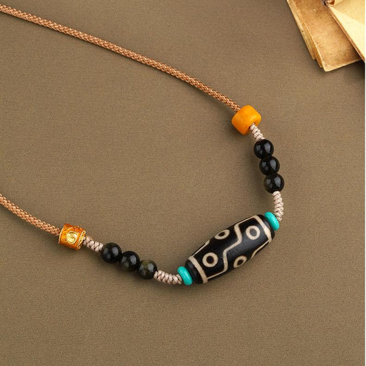 Tibetan Handmade Nine Eyes Agate Pendant Necklace with Adjustable Rope – Symbol of Wisdom and Balance