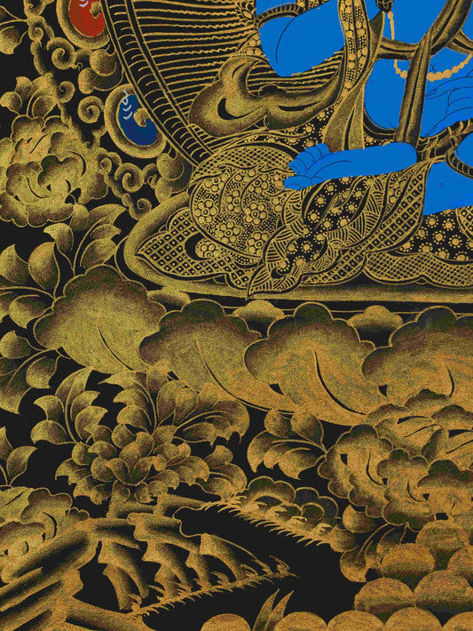 Tibetan Buddhist Akasagarbha Bodhisattva Thangka Painting in Black and Gold – sacred artwork for wisdom and spiritual abundance.