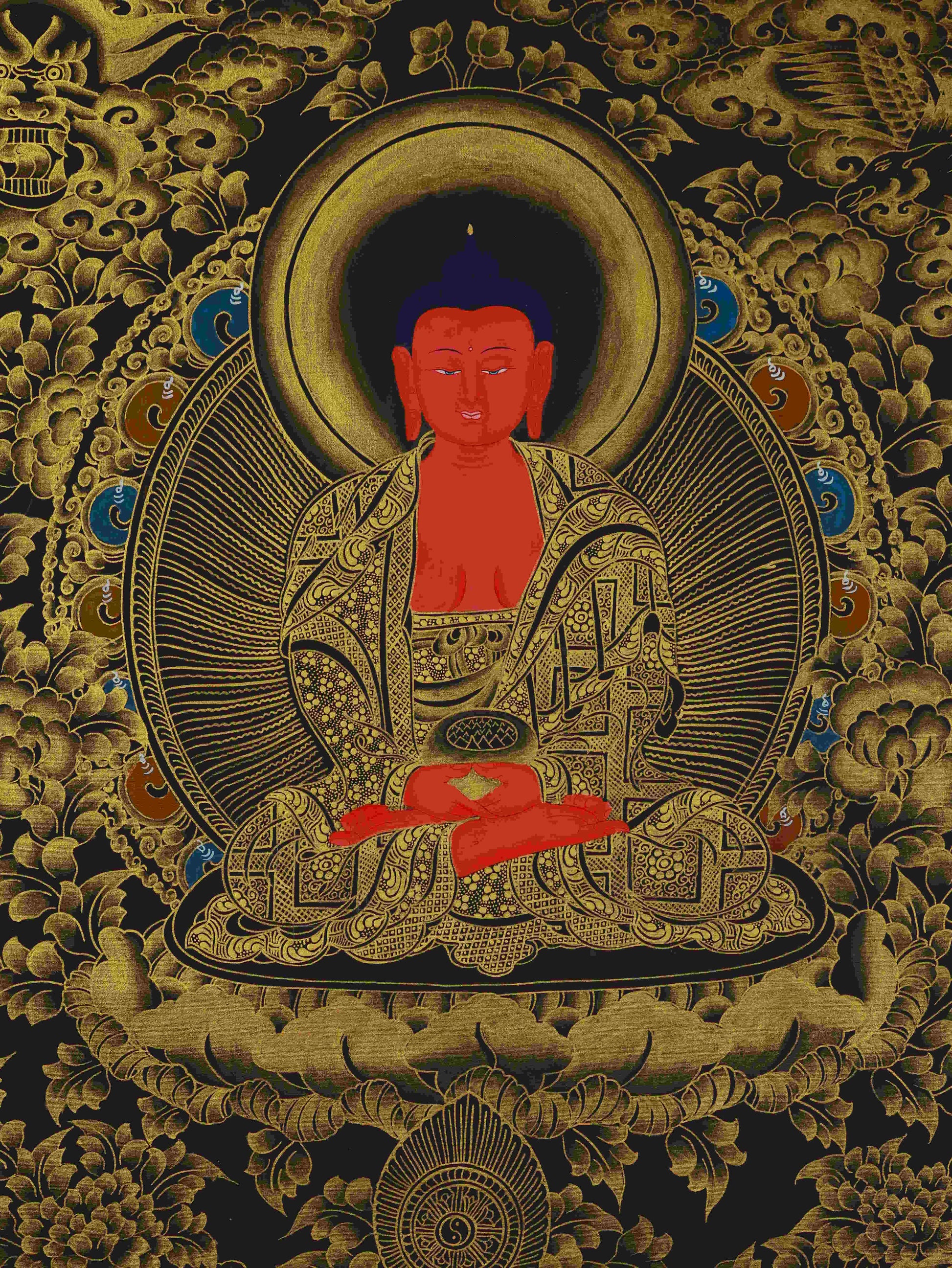 Handmade Tibetan Thangka Painting – Black and Gold Amitabha Buddha Buddhist Art symbolizing compassion and wisdom.