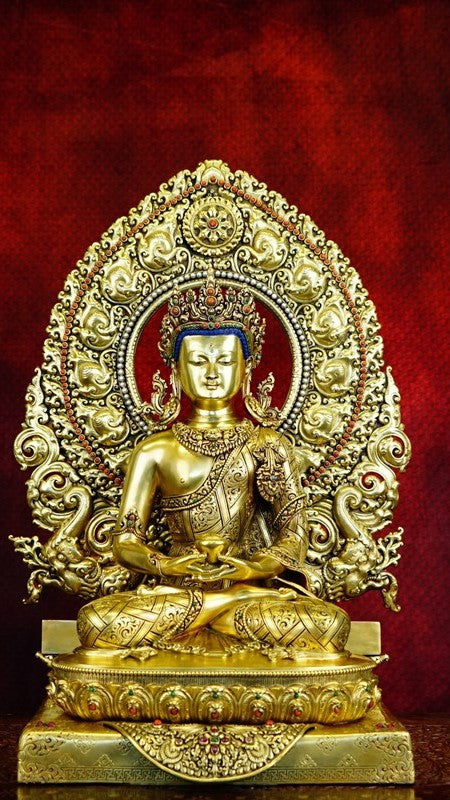 Handcrafted Amitabha Buddha statue with gilded finish and mineral pigments, showcasing the elegance of Tibetan Buddhist art. Perfect for home decor or meditation spaces.