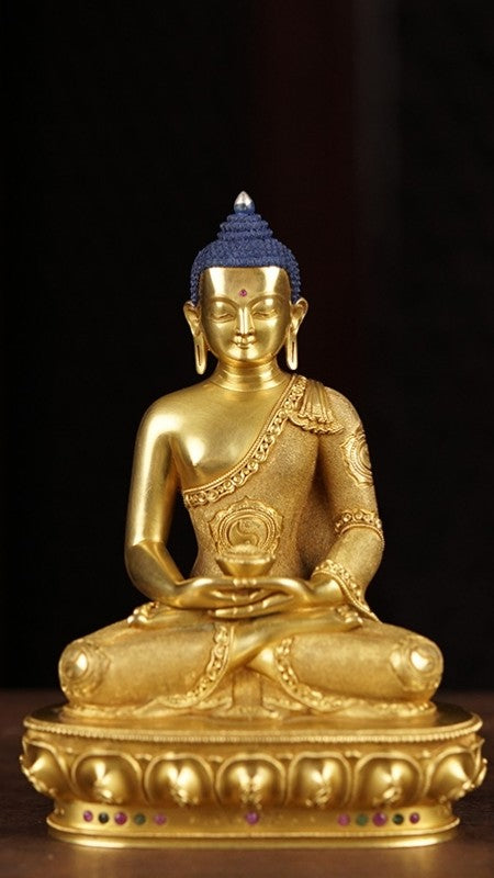 Handcrafted Amitabha Buddha statue made from purple copper with mineral pigments. A piece of Tibetan Buddhist art for spiritual practice.