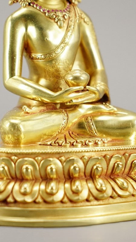 Amitabha Buddha statue, crafted from purple copper and hand-painted with mineral pigments, embodying compassion and wisdom in Tibetan Buddhist tradition.