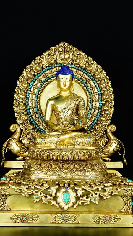 Handcrafted Tibetan Buddhist gilded Amitabha Buddha statue made from purple copper, intricately painted with mineral pigments. A serene piece for spiritual spaces.