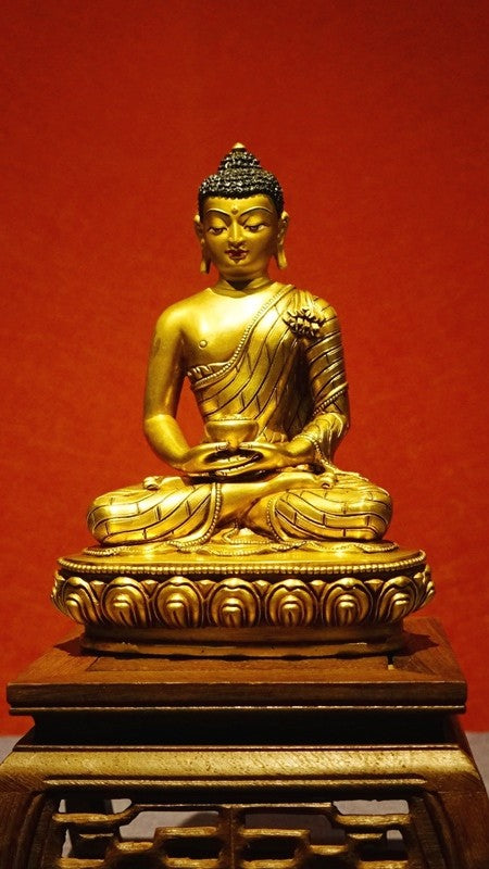 Hand-painted Amitabha Buddha Statue crafted from purple copper. A sacred piece of Tibetan Buddhist art, perfect for bringing peace and harmony to your home or practice space.