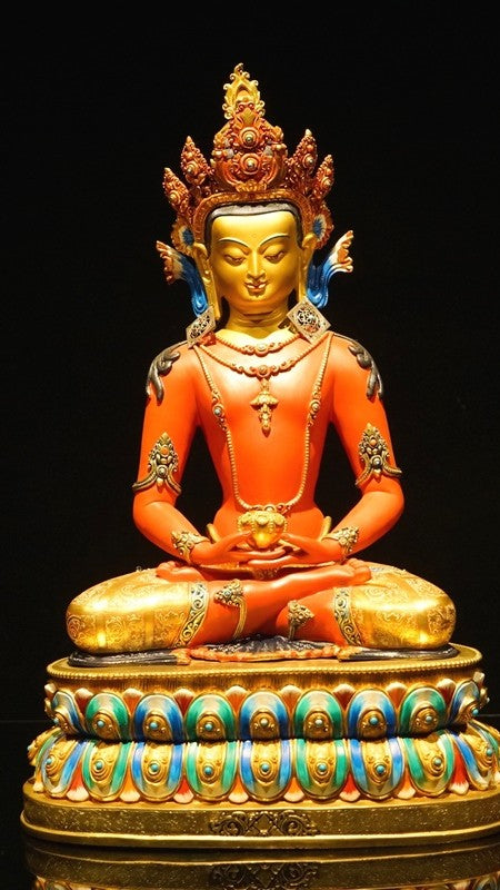 Handcrafted Amitabha Buddha statue made of purple copper and painted with mineral pigments, embodying Tibetan Buddhist art and symbolizing the compassion and wisdom of the Buddha.