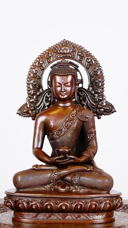 "A Tibetan Buddhist Amitabha Buddha statue in copper, painted with intricate mineral colors. A spiritual masterpiece to elevate your meditation practice."