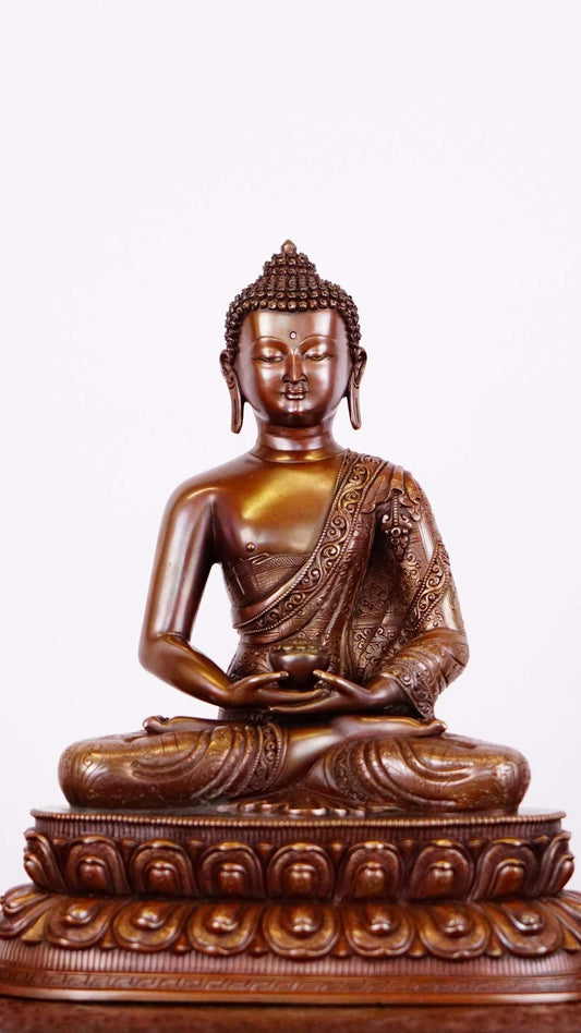 "Handmade copper Amitabha Buddha statue, created with intricate detail and mineral paint, a perfect addition to your shrine or meditation space."