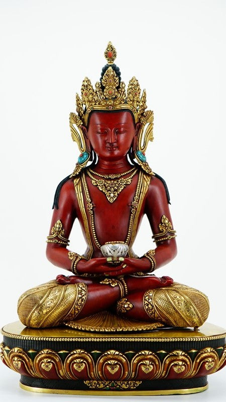 Tibetan Buddhist Amitabha Buddha statue handcrafted from copper and hand-painted with mineral pigments, showcasing traditional Buddhist artistry and exquisite craftsmanship.