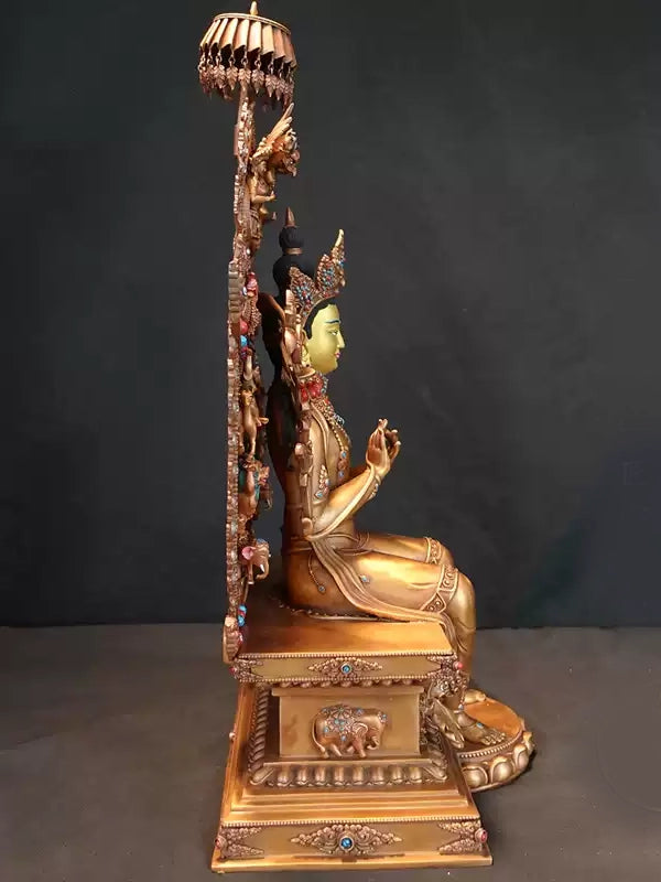 "Antique style Tibetan Buddhist Jampa Buddha statue in red copper with gilded finish, perfect for shrine or home."