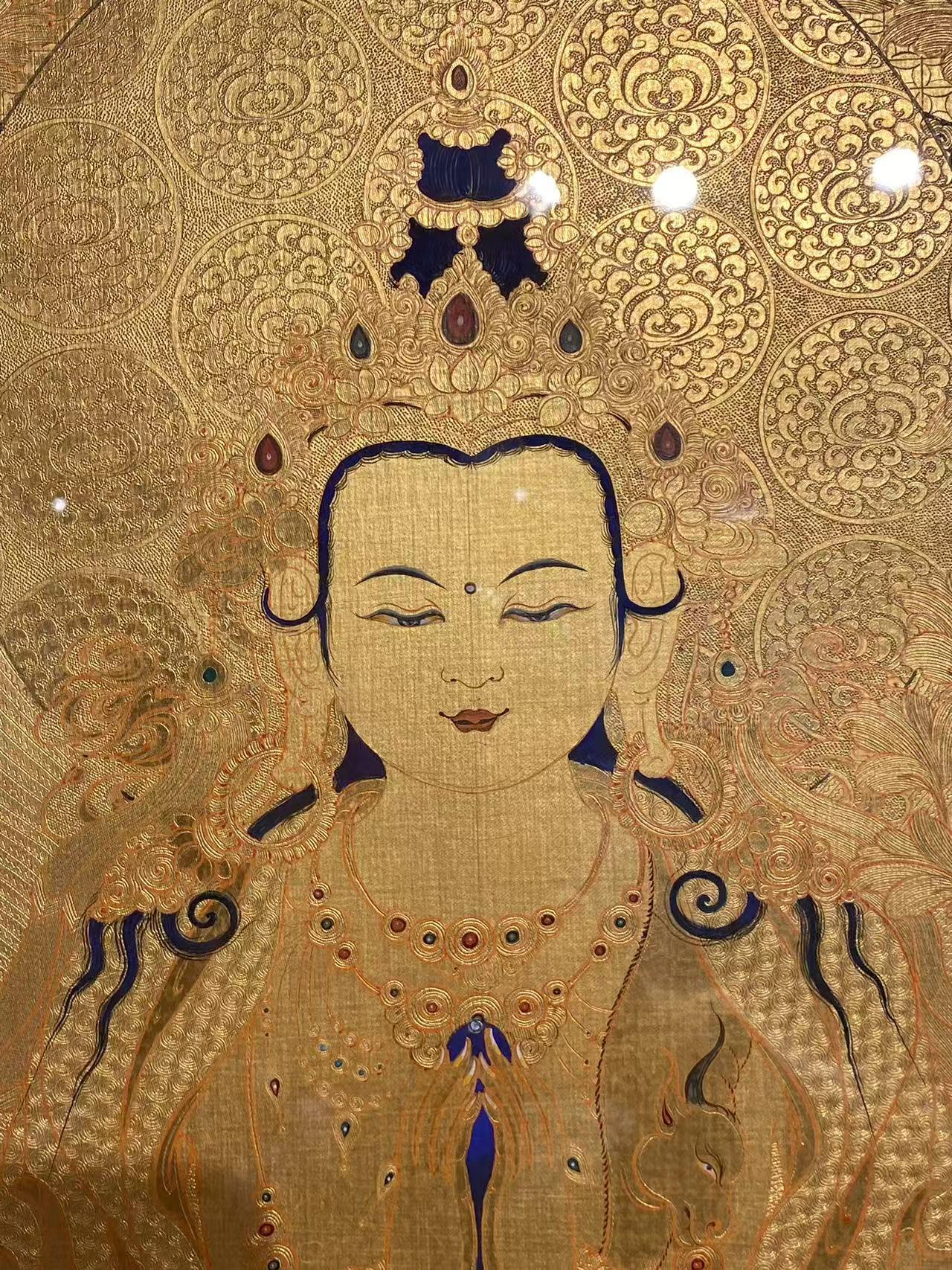 Hand-painted Thangka of Four-Armed Avalokiteshvara in Rebgong style, Tibetan Buddhist art masterpiece
